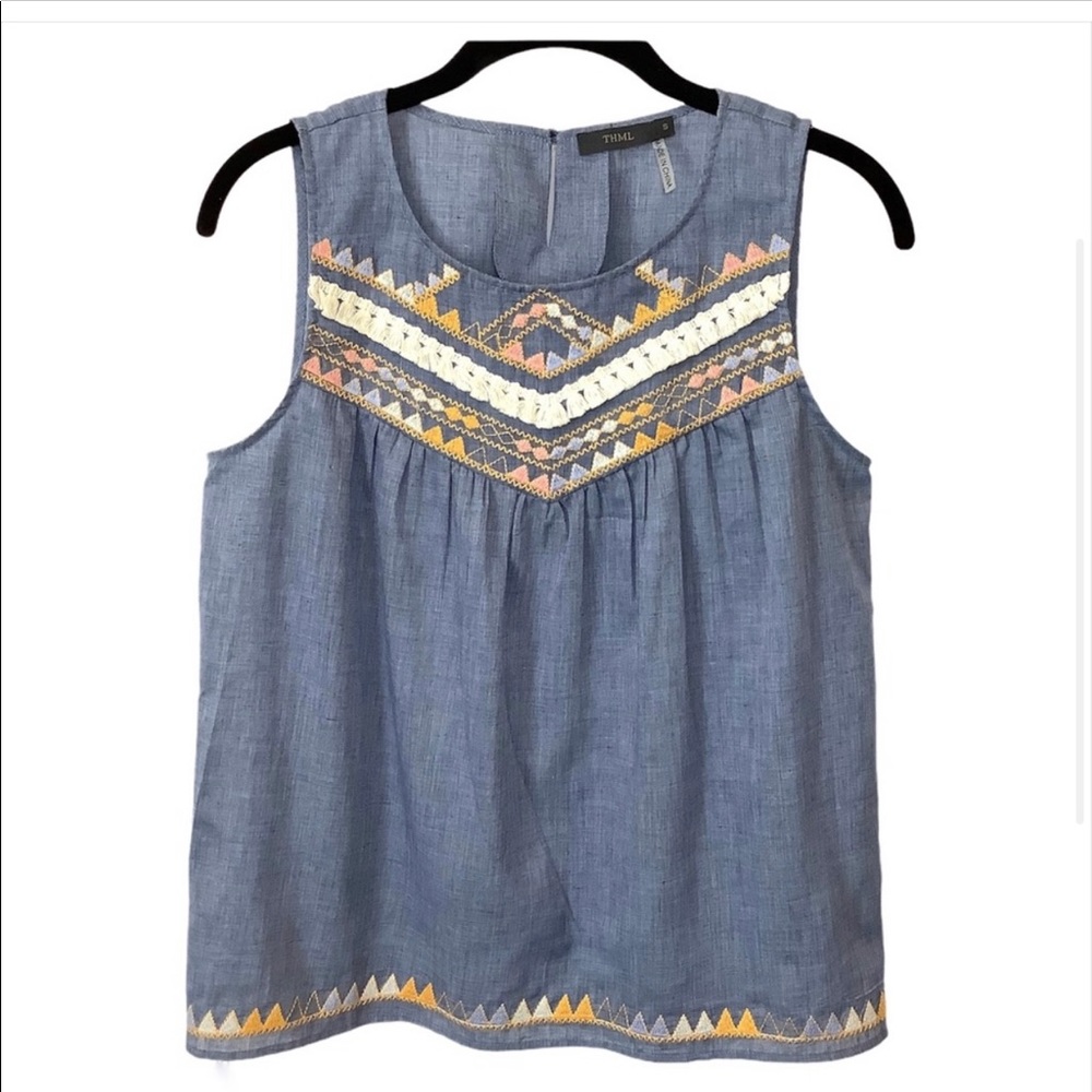 THML embroidered Chambray sleeveless Boho Top S
